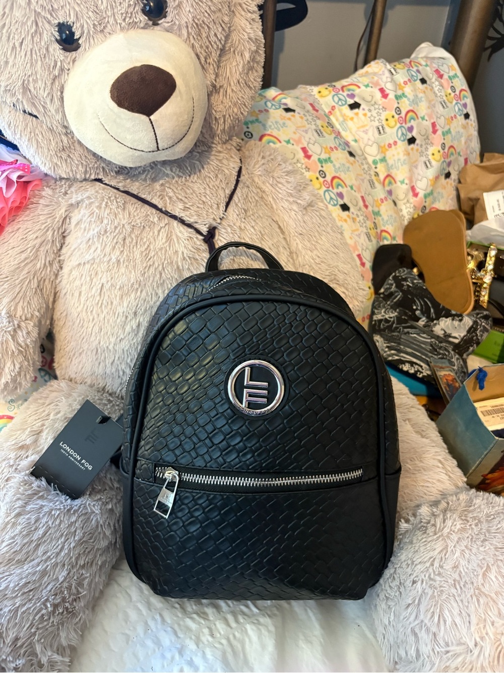 London Fog Black Woven Mini Backpack with Silver Hardware